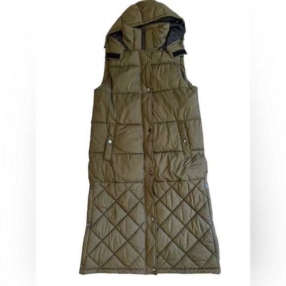 Nordstrom Long Puffer Vest XS Olive Green Hooded Quilted - Picture 1 of 8